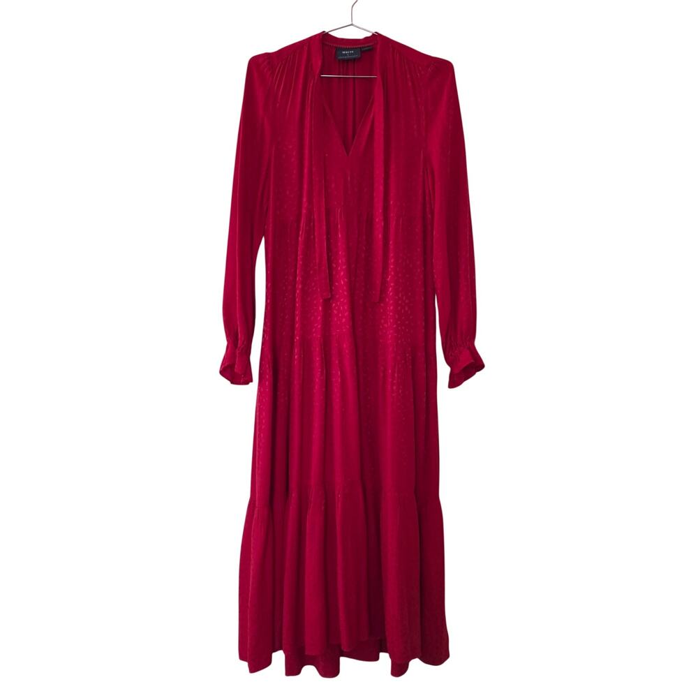Maeve by Anthropologie Red Jacquard Tiered Maxi Dress Tie Neck Womens Size Small